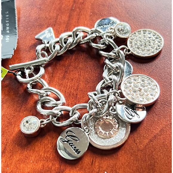 Guess Y2K Charm Link Bracelet Silver Rose Gold Crystal Logo Dangle Modern Glam - Picture 4 of 12